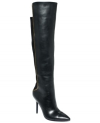 An exposed gold zipper on the shaft of RACHEL Rachel Roy's Magalia dress boots gives this tall, sexy pair a unique flash of detail. An exposed gold zipper on the shaft of RACHEL Rachel Roy's Magalia dress boots gives this tall, sexy pair a unique flash of detail.