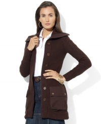 Charming oversized buttons and snap utility pockets at the front lend Lauren Jeans Co.'s stylish cardigan a hint of outdoorsy edge. Charming oversized buttons and snap utility pockets at the front lend Lauren Jeans Co.'s stylish cardigan a hint of outdoorsy edge.