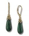 Like royalty. Shaped into perfect teardrops, two malachite gems (8 mm x 22 mm) are set in 14k gold, providing any outfit with a vibrant pop of green. Approximate drop: 1 inch.