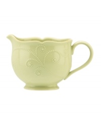 With fanciful beading and a feminine edge, this Lenox French Perle sauce pitcher has an irresistibly old-fashioned sensibility. Hardwearing stoneware is dishwasher safe and, in a soft pistachio hue with antiqued trim, a graceful addition to any meal. With fanciful beading and a feminine edge, this Lenox French Perle sauce pitcher has an irresistibly old-fashioned sensibility. Hardwearing stoneware is dishwasher safe and, in a soft pistachio hue with antiqued trim, a graceful addition to any meal.