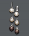 Give the gift of interchangeable style! This mix and match pearl earring set features pink, chocolate, and white cultured freshwater pearls (10 mm) accented by sparkling diamonds. Each pair fits easily onto a sterling silver hoop setting. Approximate drop: 1/2 inch.
