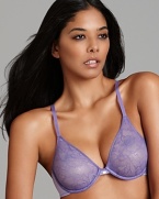 A sheer floral lace underwire bra with unlined cups, plunging neckline and logo detail at center front.