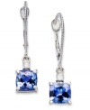 Sparkling perfection. These chic, cushion-shaped earrings feature tanzanite stones (2-1/5 ct. t.w.) accented by round-cut diamonds. Set in 14k white gold. Approximate drop: 1 inch.