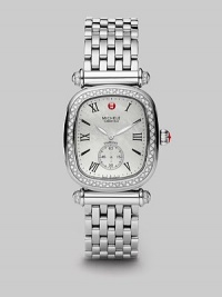 From the Caber Isle Diamond Collection. A classic style with dazzling diamonds and a lustrous mother-of-pearl dial. Quartz movement Water-resistant to 5ATM Rectangular stainless steel case, 32mm (1.25) Diamond pavé bezel and accents, .58 tcw Mother-of-pearl dial Roman numeral and index hour markers Second sub dial Stainless steel link bracelet Imported 