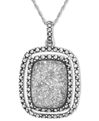 Genevieve & Grace know glam. This sparkling pendant combines an emerald-cut silver druzy with glittering marcasite edges. Set in sterling silver. Approximate length: 18 inches. Approximate drop length: 1-1/2 inches. Approximate drop width: 15/16 inch. Genevieve & Grace know glam. This sparkling pendant combines an emerald-cut silver druzy with glittering marcasite edges. Set in sterling silver. Approximate length: 18 inches. Approximate drop length: 1-1/2 inches. Approximate drop width: 15/16 inch.
