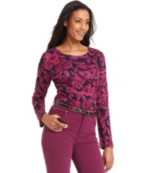 Bold florals adorn Charter Club's easy long-sleeve tee. Pair it with jeans in a matching tone for a pulled-together look! Bold florals adorn Charter Club's easy long-sleeve tee. Pair it with jeans in a matching tone for a pulled-together look!