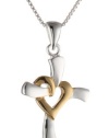 Sterling Silver and 14k Gold Over Sterling Silver Heart Centered Cross Pendant Necklace, 18