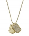 Say yes sir to this salutable style. Michael Kors adds some glam to a classic set of dog tags. Crafted in gold tone mixed metal with pave-set glass accents and a trendy ball chain. Approximate length 18 inches. Approximate drop length: 3/4 inch. Approximate drop width: 1/2 inch.