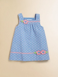 A precious corduroy, A-line design with polka dots, ric-rac trim and flower appliqués for your little fashionista.SquareneckShoulder straps with back button closurePleated bodiceCottonMachine washImported A precious corduroy, A-line design with polka dots, ric-rac trim and flower appliqués for your little fashionista.SquareneckShoulder straps with back button closurePleated bodiceCottonMachine washImported