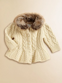 A sweet cable-knit cardigan features a stylish, removable faux-fur collar for added warmth.Crewneck with faux fur collarLong sleeves with ribbed cuffsButton-frontFlared hemCotton with acrylic collarDry cleanImported Please note: Number of buttons may vary depending on size ordered. A sweet cable-knit cardigan features a stylish, removable faux-fur collar for added warmth.Crewneck with faux fur collarLong sleeves with ribbed cuffsButton-frontFlared hemCotton with acrylic collarDry cleanImported Please note: Number of buttons may vary depending on size ordered.