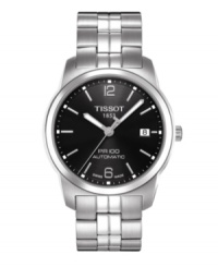 Sleek with self-winding fuctionality, Tissot's PR 100 watch is a modern marvel. Crafted of stainless steel bracelet and round case. Black dial features silver tone numerals at twelve and six o'clock, applied stick indices, minute track, date window at three o'clock, luminous three hands and logo. Swiss automatic movement. Water resistant to 100 meters. Two-year limited warranty. Sleek with self-winding fuctionality, Tissot's PR 100 watch is a modern marvel. Crafted of stainless steel bracelet and round case. Black dial features silver tone numerals at twelve and six o'clock, applied stick indices, minute track, date window at three o'clock, luminous three hands and logo. Swiss automatic movement. Water resistant to 100 meters. Two-year limited warranty.