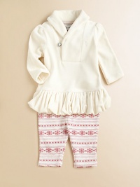 Paired with eye-popping snowflake leggings, plush velour is given a truly girly makeover with a sparkling rhinestone button, puffed sleeves and a ruffled hem. Tunic Shawl collarLong puffed sleevesRhinestone button and loop closure Leggings Elastic waistband with drawstring bowTapered legCotton/PolyesterMachine washImported Please note: Number of buttons may vary depending on size ordered. Paired with eye-popping snowflake leggings, plush velour is given a truly girly makeover with a sparkling rhinestone button, puffed sleeves and a ruffled hem. Tunic Shawl collarLong puffed sleevesRhinestone button and loop closure Leggings Elastic waistband with drawstring bowTapered legCotton/PolyesterMachine washImported Please note: Number of buttons may vary depending on size ordered.