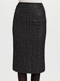 Metallic shimmer and crinkled texture give this slim, elongated silhouette a modern touch.Grosgrain ribbon trimmed waist Seamed waist Side zip closure Back slit About 28½ long Fully lined 74% cotton/14% polyester/12% nylon Dry clean Made in Italy Metallic shimmer and crinkled texture give this slim, elongated silhouette a modern touch.Grosgrain ribbon trimmed waist Seamed waist Side zip closure Back slit About 28½ long Fully lined 74% cotton/14% polyester/12% nylon Dry clean Made in Italy