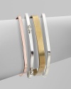 A structured set of square bangles in three different tones, accented with Swarovski crystals. Copper and silverplated brassSwarovski crystalsDiameter, about 2½Slip-on styleMade in USA