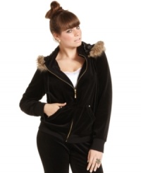 Faux fur trim gives this plus size velour hoodie from Baby Phat an ultra-luxe look. Faux fur trim gives this plus size velour hoodie from Baby Phat an ultra-luxe look.