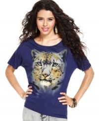 Go wild in this top from Fresh Brewed that sports a rhinestone-studded tiger print at the front -- and a hot, shredded back! Go wild in this top from Fresh Brewed that sports a rhinestone-studded tiger print at the front -- and a hot, shredded back!
