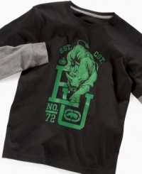 Go Team Rhino! Varsity-styled slider tee with EU lettering and a rhinoceros graphic from Ecko Unltd. Go Team Rhino! Varsity-styled slider tee with EU lettering and a rhinoceros graphic from Ecko Unltd.