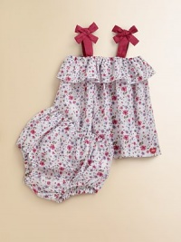A beautiful, colorful, floral print set with matching bloomers is the perfect seasonal ensemble.Squareneck with ruffle trimWide straps with bowsPullover styleMatching bloomers with elastic waistband and leg openingsCottonMachine washImported A beautiful, colorful, floral print set with matching bloomers is the perfect seasonal ensemble.Squareneck with ruffle trimWide straps with bowsPullover styleMatching bloomers with elastic waistband and leg openingsCottonMachine washImported