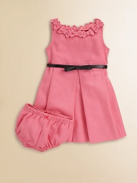 A sophisticated look for your young lady in a rich linen blend, with a border of bows and inverted pleats for pretty shaping.Ballerina neckline, edged with bowsSleevelessEmpire waist with faux leather bow beltFlared skirt with inverted pleatsBack zip closeFully linedMatching panty with elasticized waist and leg openings60% cotton/40% linenMachine washImported A sophisticated look for your young lady in a rich linen blend, with a border of bows and inverted pleats for pretty shaping.Ballerina neckline, edged with bowsSleevelessEmpire waist with faux leather bow beltFlared skirt with inverted pleatsBack zip closeFully linedMatching panty with elasticized waist and leg openings60% cotton/40% linenMachine washImported