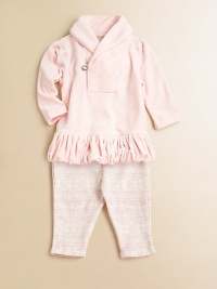 An essential soft velour set includes a shawl-collar tunic and a Nordic-inspired printed legging for a timeless heritage look and extra warmth. Tunic Shawl collarLong puffed sleevesRhinestone button and loop closureRuffled hem Leggings Elastic waistband with drawstring bowTapered legCottonMachine washImported Please note: Number of buttons may vary depending on size ordered. An essential soft velour set includes a shawl-collar tunic and a Nordic-inspired printed legging for a timeless heritage look and extra warmth. Tunic Shawl collarLong puffed sleevesRhinestone button and loop closureRuffled hem Leggings Elastic waistband with drawstring bowTapered legCottonMachine washImported Please note: Number of buttons may vary depending on size ordered.