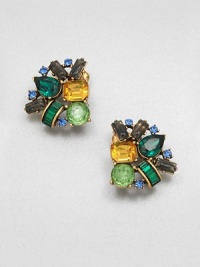 This multicolored design features an array of sparkling rhinestones in various shapes and sizes. Glass stonesPewter and brassSize, about 1.5 Clip-on backMade in USA This multicolored design features an array of sparkling rhinestones in various shapes and sizes. Glass stonesPewter and brassSize, about 1.5 Clip-on backMade in USA