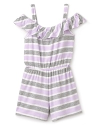 So easy to run, jump and play in, this adorable romper features jaunty stripes in a trio of colors and a pretty ruffled scoop neck. So easy to run, jump and play in, this adorable romper features jaunty stripes in a trio of colors and a pretty ruffled scoop neck.