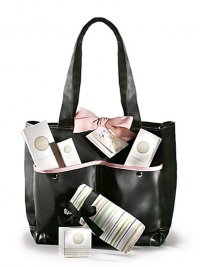 Looking for the perfect pregnancy gift for the expecting mother? How about a chic and stylish diaper bag filled with Basq's full line of luxurious pregnancy skin care. Created exclusively by Basq, this black micro fiber diaper bag combines durability with style. The side pockets hold a baby bottle as easily as a cell phone, while the eye catching diaper changing pad will be the envy of every mommy group. Inside is a zip pocket for safe keeping and two gathered pouches for bottles. Looking for the perfect pregnancy gift for the expecting mother? How about a chic and stylish diaper bag filled with Basq's full line of luxurious pregnancy skin care. Created exclusively by Basq, this black micro fiber diaper bag combines durability with style. The side pockets hold a baby bottle as easily as a cell phone, while the eye catching diaper changing pad will be the envy of every mommy group. Inside is a zip pocket for safe keeping and two gathered pouches for bottles.