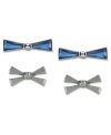 Tie something new. The stud earrings in this set from BCBGeneration are crafted of silver-tone mixed metal, and feature blue and silver faceted stones to create whimsical bows. The earrings also have friction back closures. Approximate drop: 1/10 inch.