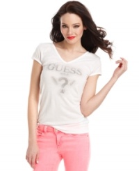 Get back to the style basics with a classic logo tee! Studded in rhinestones, this every day top is the easiest way to flaunt your love of GUESS?. Get back to the style basics with a classic logo tee! Studded in rhinestones, this every day top is the easiest way to flaunt your love of GUESS?.