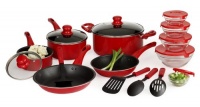 Basic Essentials 17 Piece Aluminum Cookware Set, Red Basic Essentials 17 Piece Aluminum Cookware Set, Red