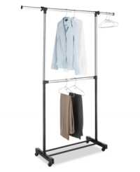 Leave your wardrobe hanging! Multiply your storage and hanging space in seconds with this innovative solution-two chromed steel bars adjust to the perfect height to accommodate all of your clothes and de-clutter your closet! Leave your wardrobe hanging! Multiply your storage and hanging space in seconds with this innovative solution-two chromed steel bars adjust to the perfect height to accommodate all of your clothes and de-clutter your closet!