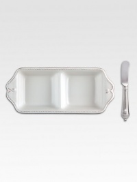Juliska's signature thread and berry motif lends an elegant touch to this two-sectioned server and coordinating stainless steel spreader.Comes in a gift-boxed setStoneware ceramicDishwasher safe10.5 X 4.5 X 2Imported Juliska's signature thread and berry motif lends an elegant touch to this two-sectioned server and coordinating stainless steel spreader.Comes in a gift-boxed setStoneware ceramicDishwasher safe10.5 X 4.5 X 2Imported