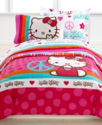 Give peace a chance with the Peace Kitty comforter set. This inspiring bedding features the cute-as-ever Hello Kitty and stylish, psychedelic graphics that deliver a message of peace and love. Flip the pink comforter over for a new look featuring groovy 60's lettering. Give peace a chance with the Peace Kitty comforter set. This inspiring bedding features the cute-as-ever Hello Kitty and stylish, psychedelic graphics that deliver a message of peace and love. Flip the pink comforter over for a new look featuring groovy 60's lettering.
