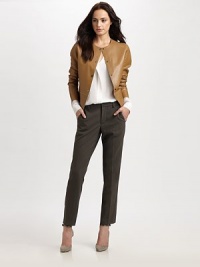 Butter-smooth lambskin styled with clean lines in a distinctive snap-front silhouette.JewelneckLong sleevesSnap-button frontAbout 22 from shoulder to hemLambskinDry clean by a leather specialistMade in ItalyModel shown is 5'9½ (176cm) wearing US size Small. Butter-smooth lambskin styled with clean lines in a distinctive snap-front silhouette.JewelneckLong sleevesSnap-button frontAbout 22 from shoulder to hemLambskinDry clean by a leather specialistMade in ItalyModel shown is 5'9½ (176cm) wearing US size Small.