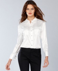 Menswear-inspired shirt dressing goes all-out glam! INC renders this classic piece in smooth satin, topped with sparkling rhinestone buttons. Menswear-inspired shirt dressing goes all-out glam! INC renders this classic piece in smooth satin, topped with sparkling rhinestone buttons.