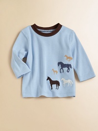 A long-sleeved cotton top is extra cute with contrast crewneck and an embroidered horse pattern.CrewneckLong sleevesPullover styleCottonMachine washImported