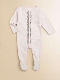 One easy piece in soft cotton knit, sweetly adorned with a woven front ruffle of Burberry checks.Ribbed crewneckSnap placket with ruffleLong sleevesSnap legsFeet with check bottomsCottonMachine washImported Please note: Number of snaps may vary depending on size ordered. One easy piece in soft cotton knit, sweetly adorned with a woven front ruffle of Burberry checks.Ribbed crewneckSnap placket with ruffleLong sleevesSnap legsFeet with check bottomsCottonMachine washImported Please note: Number of snaps may vary depending on size ordered.