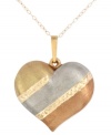 Show her you care, three times over! This lovely tri-color puffed heart pendant features a 14k white gold, 14k gold and 14k rose gold setting with a chic, satin finish. Approximate length: 18 inches. Approximate drop length: 1-1/8 inches. Approximate drop width: 9/10 inch.