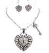 Designer Pave Crystal Heart & Key Necklace & Dangle Bling Earring Set by Jersey Bling