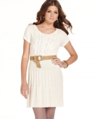 Dress casually chic for the Fall! Cute ribbing and a lovely cable-knit pattern adorn this warm sweater dress from Jessica Simpson. Dress casually chic for the Fall! Cute ribbing and a lovely cable-knit pattern adorn this warm sweater dress from Jessica Simpson.