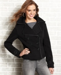 Tonal trims and military-style epaulettes accent Jou Jou's double-breast jacket with chic, fall-ready style. Tonal trims and military-style epaulettes accent Jou Jou's double-breast jacket with chic, fall-ready style.