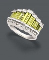 Make onlookers green with envy every time you wear this vibrant ring. Crafted in shining sterling silver, this bright bauble features rectangular peridot stones (3 ct. t.w.) with sparkling diamond accents. Size 7.