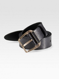 The perfect appointment for the modern man in worn-in leather with a gently distressed metal buckle. Logo detail on buckle About 1&frac4; wide Leather Made in Italy The perfect appointment for the modern man in worn-in leather with a gently distressed metal buckle. Logo detail on buckle About 1&frac4; wide Leather Made in Italy