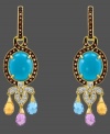 A look of exquisite elegance. Carlo Viani's enchanting earring style highlights an oval-cut turquoise center (5-3/4 mm) that shines with the addition of blue topaz (5/8 ct. t.w.), citrine (5/8 ct. t.w.), and amethyst drops (5/8 ct. t.w.). A scrolling 14k gold setting is accented by round-cut smokey quartz (9/10 ct. t.w.) and white sapphire (1/4 ct. t.w.). Approximate drop: 2 inches.