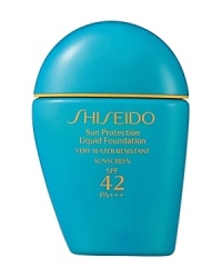 Shiseido Sunprotect Liquid Foundation SPF 42. A liquid foundation that defends against powerful UVA/UVB rays as it provides a flawless makeup finish with full coverage. Resists perspiration, water, and oil, to maintain a soft matte look on skin, even during outdoor activities. Unites optimal sun protection with skin-caring makeup. Glides on smoothly and evenly; feels non-sticky and feather-light. Contains Thiotaurine, an antioxidant that neutralizes free radicals. Very water-resistant. Recommended by the Skin Cancer Foundation as an effective UV sunscreen.Make suncare a part of your daily skincare regimen. Shiseido Sunprotect Liquid Foundation SPF 42. A liquid foundation that defends against powerful UVA/UVB rays as it provides a flawless makeup finish with full coverage. Resists perspiration, water, and oil, to maintain a soft matte look on skin, even during outdoor activities. Unites optimal sun protection with skin-caring makeup. Glides on smoothly and evenly; feels non-sticky and feather-light. Contains Thiotaurine, an antioxidant that neutralizes free radicals. Very water-resistant. Recommended by the Skin Cancer Foundation as an effective UV sunscreen.Make suncare a part of your daily skincare regimen.