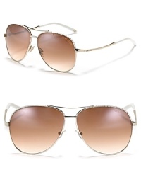 Aviator sunglasses with sleek double bar design and white perforated trim along top of frames, a stylish pair that shows it's all about the details. Aviator sunglasses with sleek double bar design and white perforated trim along top of frames, a stylish pair that shows it's all about the details.