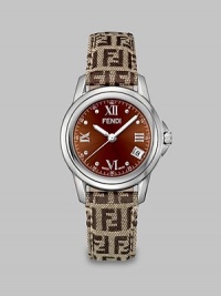 From the Fendi Loop Collection. A signature timepiece in sleek stainless steel with an iconic woven, leather backed strap. Swiss quartz movementWater resistant to 5 ATMRound stainless steel case, 37mm (1.4)Smooth bezelBrown dialRoman numeral and dot hour markersDate display at 4 o'clockSecond hand Signature woven, leather backed strap, 20mm wide (0.7)Made in Switzerland From the Fendi Loop Collection. A signature timepiece in sleek stainless steel with an iconic woven, leather backed strap. Swiss quartz movementWater resistant to 5 ATMRound stainless steel case, 37mm (1.4)Smooth bezelBrown dialRoman numeral and dot hour markersDate display at 4 o'clockSecond hand Signature woven, leather backed strap, 20mm wide (0.7)Made in Switzerland