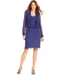 The sheer blouson-style bodice of this petite Alex Evenings dress is split to reveal a shot of shimmer from the sequined neckline. The sheer blouson-style bodice of this petite Alex Evenings dress is split to reveal a shot of shimmer from the sequined neckline.