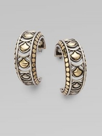 From the Naga Collection. Striking half hoops combine dots and arcs, sterling silver and 18k gold, in a design that feels both tribal and modern.Sterling silver and 18k yellow gold Drop, about 1 Post back Made in Bali