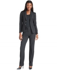 Tahari by ASL ups the ante on your weekday wardrobe with a classic pinstriped suit, made modern with subtle details like buckles, a wide waistband and straight-cut legs. Tahari by ASL ups the ante on your weekday wardrobe with a classic pinstriped suit, made modern with subtle details like buckles, a wide waistband and straight-cut legs.